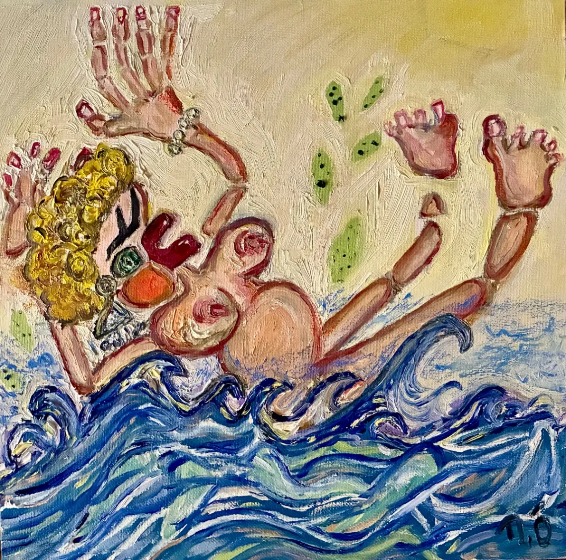 The sea was serious. The fall was funny. – 30 × 30 cm, Huile sur toile, 2025. Peinture de Nilüfer Örel.