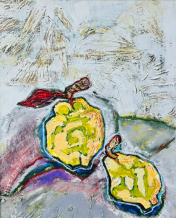 Quince – 40 × 50 cm, Mixed media on canvas, 2026. Painting by Nilüfer Örel.