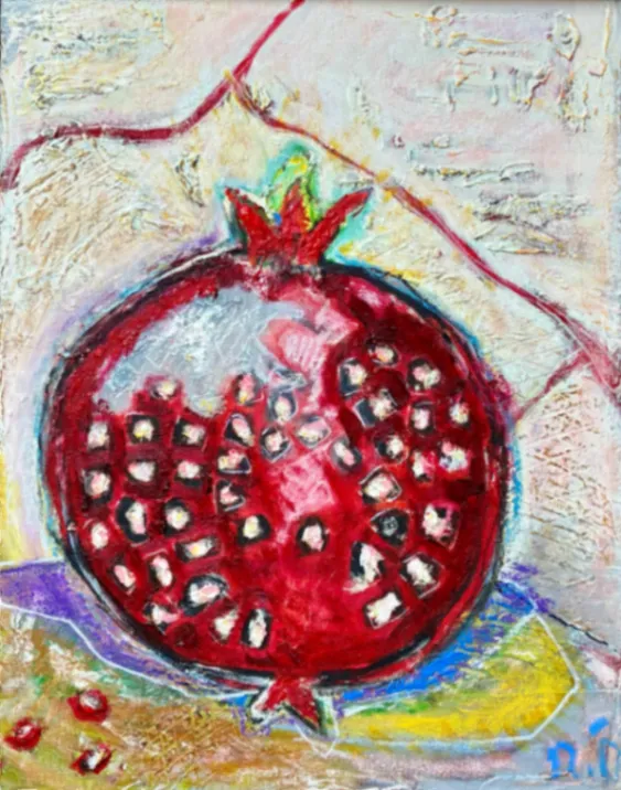 Pomegranate – 40 × 50 cm, Mixed media on canvas, 2026. Painting by Nilüfer Örel.