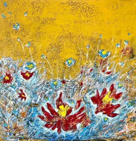 O title – 100 × 100 cm, Mixed media on canvas, 2023. Painting by Nilüfer Örel.