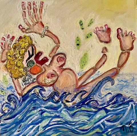 The sea was serious. The fall was funny. – 30 × 30 cm, Oil on canvas, 2025. Painting by Nilüfer Örel.