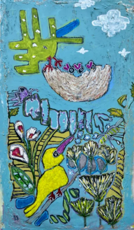 Nature at the edge – 90 × 155 cm, Technique mixte sur toile, 2025. Peinture de Nilüfer Örel.