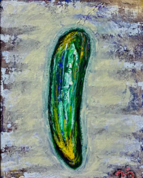 Cucumber – 40 × 50 cm, Mixed media on canvas, 2026. Painting by Nilüfer Örel.