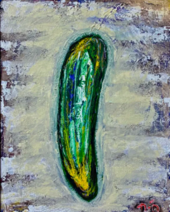 Cucumber – 40 × 50 cm, Technique mixte sur toile, 2026. Peinture de Nilüfer Örel.